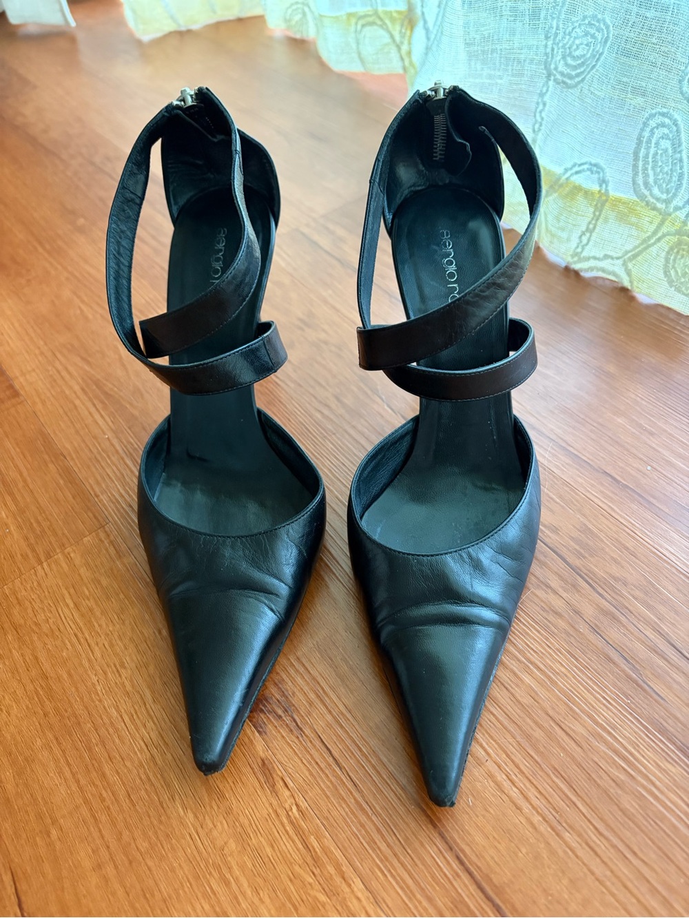 Sergio Rossi Black Leather Pointed-Toe Ankle-Strap Heels